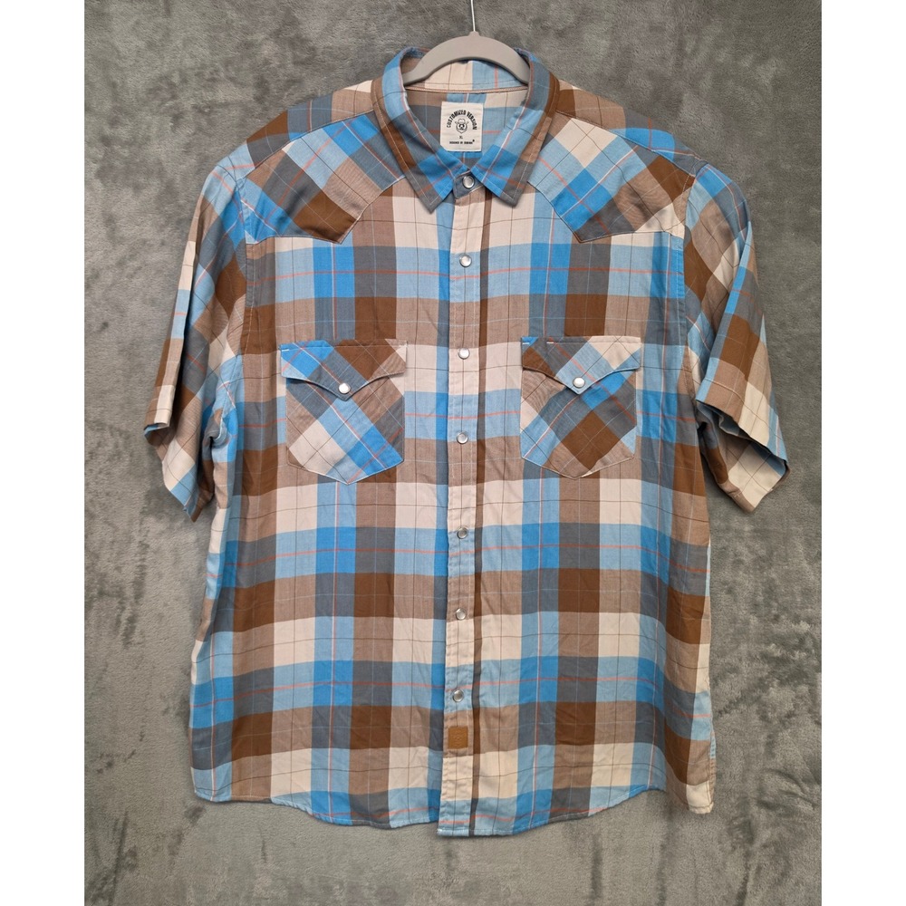 Dubinik Mens XL Blue Brown Plaid Western Pearl Snap Short Sleeve Bamboo Shirt